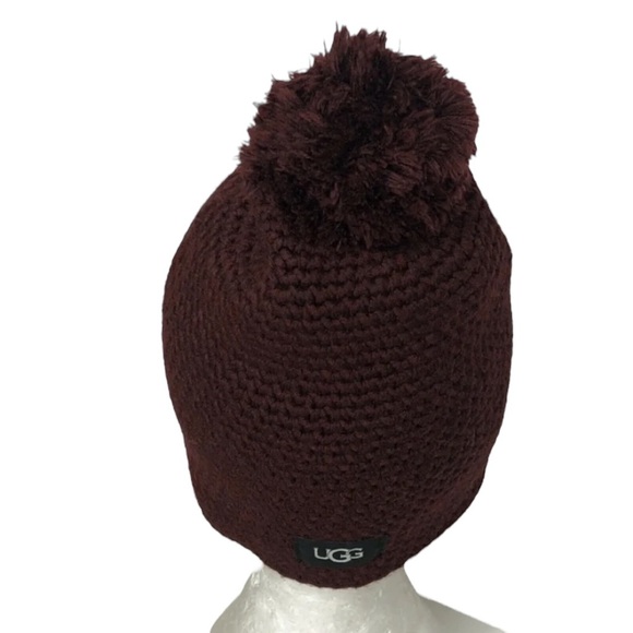 UGG Australia Beanie Womens OS Maroon Chunky Waffle Knit Pom Pom Slouchy - Picture 3 of 6